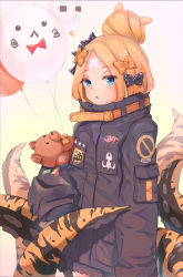 Rule 34 | 1girl, abigail williams (fate), abigail williams (traveling outfit) (fate), alternate hairstyle, balloon, bandaid, bandaid on face, bandaid on forehead, belt, black bow, black jacket, blonde hair, blue eyes, bow, commentary request, crossed bandaids, fate/grand order, fate (series), forehead, fou (fate), gradient background, green background, hair bun, heroic spirit traveling outfit, high collar, highres, holding, holding balloon, holding stuffed toy, jacket, long hair, looking at viewer, medjed (fate), miaohik, official alternate costume, open mouth, orange bow, parted bangs, parted lips, polka dot, polka dot bow, revision, single hair bun, sleeves past fingers, sleeves past wrists, solo, stuffed animal, stuffed toy, teddy bear, tentacles