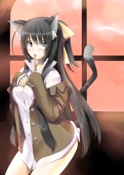 Rule 34 | 1girl, animal ears, black eyes, black hair, blush, cat ears, cat tail, highres, kyougoku touya, long hair, mouth hold, no pants, off shoulder, ribbon in mouth, solo, tail