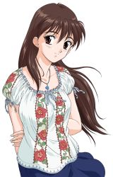 Rule 34 | 1girl, arm grab, arms behind back, blue skirt, brown hair, earrings, floral print, highres, inoue ryouko, jewelry, long hair, looking at viewer, necklace, official art, red eyes, ribbon-trimmed shirt, roommate, short sleeves, simple background, skirt, solo, stud earrings, tony taka, white background