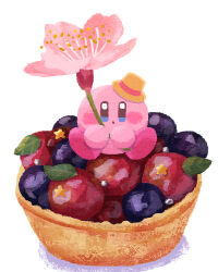 Rule 34 | blue eyes, blueberry, blush stickers, cherry blossoms, commentary request, cranberry, flower, food, food focus, fruit, fruit tart, hat, highres, holding, holding flower, kirby, kirby (series), leaf, looking at viewer, miclot, mini hat, nintendo, no humans, open mouth, pink flower, simple background, sweets, tart (food), white background