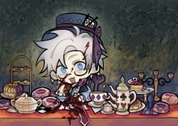 Rule 34 | 1boy, :3, absurdres, blood, blood in hair, blood on face, blood on hands, bloody knife, blue eyes, blue shirt, card, chibi, chinese commentary, commentary request, cosplay, cup, danielle907, doughnut, food, highres, kanou aogu, knife, long sleeves, mad hatter (alice in wonderland), mad hatter (alice in wonderland) (cosplay), male focus, neck ribbon, open mouth, playing card, ribbon, saibou shinkyoku, shirt, solo, white hair, white ribbon