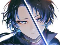 Rule 34 | 1boy, black hair, blue hair, closed mouth, crescent, earrings, eyelashes, floating hair, frown, glowing, glowing sword, glowing weapon, highres, jewelry, kashuu kiyomitsu, katana, long hair, looking at viewer, male focus, mole, mole under mouth, parted bangs, portrait, simple background, solo, swimsuit, sword, symbol-shaped pupils, touken ranbu, unsheathed, weapon, white background, yamada chickenko