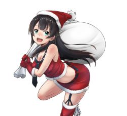 Rule 34 | 1girl, adapted costume, agano (kancolle), black hair, black sailor collar, commentary request, enemy lifebuoy (kancolle), fur-trimmed gloves, fur-trimmed skirt, fur trim, garter straps, gloves, green eyes, hat, kantai collection, kyou (tr-6), long hair, midriff, open mouth, red gloves, red legwear, red skirt, round teeth, sack, sailor collar, santa costume, santa hat, simple background, skirt, solo, teeth, transparent background, upper teeth only, white background