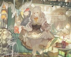 Rule 34 | 1girl, boots, bow, braid, cage, clothes lift, corset, dummy, indoors, long hair, looking at viewer, ori (momonimo), skirt, skirt lift, solo, white hair, yellow eyes
