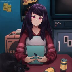 Rule 34 | 1girl, absurdres, animal, black cat, black hair, can, cat, closed mouth, commentary, english commentary, fore (va-11 hall-a), head tilt, highres, indoors, jill stingray, long hair, long sleeves, looking at viewer, mokuka noe, poster (object), red eyes, red sweater, sitting, solo, sticky note, sweater, table, tablet pc, television, twitter username, upper body, va-11 hall-a