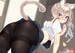 Rule 34 | 1girl, :3, absurdres, all fours, animal ears, ass, black bra, black pantyhose, blurry, blurry background, blush, bra, breasts, cat ears, cat tail, crop top, crop top overhang, crotch seam, depth of field, fang, fang out, flying sweatdrops, from side, hair between eyes, highres, indoors, light brown hair, long hair, looking at viewer, medium breasts, nebusoku, original, panties, panties under pantyhose, pantyhose, pleated skirt, purple eyes, see-through, side ponytail, sidelocks, skirt, solo, tail, thighband pantyhose, thighs, underwear