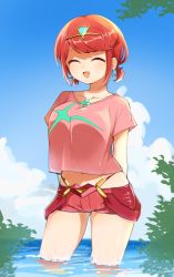Rule 34 | 1girl, :d, arms behind back, bafarin, blue sky, closed eyes, cloud, cloudy sky, earrings, hair between eyes, highres, jewelry, leaf, ocean, open mouth, outdoors, pink shirt, pyra (xenoblade), red hair, red shorts, shirt, short hair, short shorts, short sleeves, short twintails, shorts, sky, smile, soaking feet, solo, summer, tiara, twintails, wading, xenoblade chronicles (series), xenoblade chronicles 2