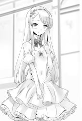 Rule 34 | 1girl, bow, bowtie, breasts, choker, cleavage, covered navel, cowboy shot, detached sleeves, dress, frilled dress, frills, greyscale, hairband, heterochromia, highres, isekai wa smartphone to tomo ni., layered dress, long hair, long sleeves, monochrome, novel illustration, official art, short dress, sleeveless, sleeveless dress, small breasts, solo, standing, strapless, strapless dress, usatsuka eiji, very long hair