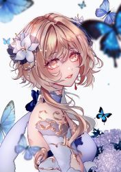 Rule 34 | 1girl, absurdres, abyss of alyss, blonde hair, bug, butterfly, commentary, dress, earrings, flower, genshin impact, hair flower, hair ornament, highres, insect, jewelry, lips, looking at viewer, lumine (genshin impact), medium hair, parted lips, short hair with long locks, single earring, solo, white dress, white flower, yellow eyes