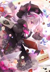 Rule 34 | ace (playing card), ace of spades, black dress, black gloves, black headwear, blush, book, cake, cake slice, candy, doll, dress, eyelashes, fate/extra, fate (series), food, four of hearts, fruit, gloves, highres, icing, lollipop, mushroom, n:go, nursery rhyme (fate), open book, playing card, purple eyes, seven of clubs, spade (shape), strawberry, strawberry shortcake, sugar cube