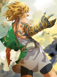 Rule 34 | 1boy, absurdres, archaic set (zelda), artist request, back, belt, black shorts, blonde hair, blue eyes, bodypaint, cloud, cloudy sky, earrings, fingernails, floating hair, floating island, from behind, highres, jewelry, link, long hair, looking back, male focus, nintendo, outdoors, outstretched arms, pointy ears, pouch, profile, prosthesis, shorts, sidelocks, sideways glance, single bare shoulder, sky, solo, spread arms, standing, strap, the legend of zelda, the legend of zelda: tears of the kingdom, topless male