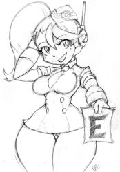 Rule 34 | 1girl, bad id, bad pixiv id, breasts, call (mighty no. 9), call e, curvy, dress, female focus, fringe trim, garrison cap, greyscale, grin, hat, headset, mighty no. 9, monochrome, narrow waist, necktie, paper, randomboobguy, side ponytail, sketch, smile, solo, thick thighs, thigh gap, thighs, white background, wide hips