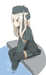 Rule 34 | 10s, 1girl, antennae, bad id, bad pixiv id, between legs, blonde hair, coupon (skyth), cropped jacket, garrison cap, hand between legs, hat, kantai collection, long hair, long sleeves, military, military uniform, partially submerged, puffy long sleeves, puffy sleeves, sitting, solo, u-511 (kancolle), uniform, water