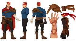 Rule 34 | 1boy, absurdres, armor, ass, bandaged arm, bandages, bara, beard, black pants, blue shirt, body markings, bodypaint, boots, character name, character sheet, cloak, english text, facial hair, from behind, from side, full body, gomihebi, headband, highres, indie virtual youtuber, large pectorals, leather, leather belt, leather boots, male focus, mature male, multicolored hair, multiple views, muscular, muscular male, pants, pauldrons, pectorals, red cloak, red hair, ryuugen drake, scar, scar across eye, second-party source, shirt, short hair, shoulder armor, single pauldron, streaked hair, textless version, thick thighs, thighs, torn cloak, torn clothes, virtual youtuber, white hair