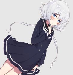 Rule 34 | 1girl, black dress, black sailor collar, blue eyes, blush, closed mouth, commentary request, dress, dutch angle, grey background, hair between eyes, hand on own chin, hand up, highres, konno junko, long hair, long sleeves, low twintails, nonono (mino), sailor collar, sailor dress, silver hair, simple background, solo, twintails, very long hair, white neckwear, zombie land saga