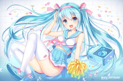 Rule 34 | 1girl, :d, aqua eyes, aqua hair, character name, cheerleader, full body, hair ribbon, hand on own head, hatsune miku, highres, long hair, looking at viewer, open mouth, pleated skirt, pom pom (cheerleading), ribbon, sailor collar, shoes, skirt, smile, sneakers, solo, speaker, thighhighs, twintails, twitter username, umitonakai, very long hair, vocaloid, white thighhighs