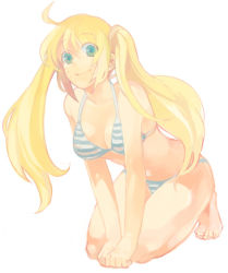 Rule 34 | 1girl, ahoge, bad id, bad pixiv id, bare arms, bikini, blonde hair, blue eyes, bra, breasts, cleavage, closed mouth, facial mark, facing viewer, full body, genderswap, genderswap (mtf), happy, i (kaiyou), kneeling, leaning forward, long hair, looking at viewer, medium breasts, naruko (naruto), naruto, naruto (series), own hands together, panties, simple background, sitting, smile, solo, striped bikini, striped clothes, swimsuit, twintails, underwear, uzumaki naruto, whisker markings, whiskers, white background
