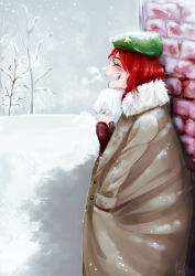 Rule 34 | 2girls, bare tree, beret, blue eyes, breath, chin rest, coat, colored eyelashes, closed eyes, from side, fur trim, hat, head on head, hong meiling, izayoi sakuya, laughing, mittens, multiple girls, open mouth, outdoors, profile, red hair, silver hair, snow, snowing, star (symbol), tin994, touhou, tree, winter, winter clothes, winter coat