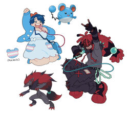 Rule 34 | 1boy, 1girl, \n/, absurdres, arm up, black pants, blue bag, blue hair, blue jacket, bow, breasts, cleavage, clenched hand, closed eyes, commentary, creatures (company), dress, english commentary, full body, game freak, gen 2 pokemon, gen 5 pokemon, grey hoodie, hair bow, highres, holding, holding microphone, hood, hood down, hoodie, jacket, long hair, long sleeves, low-tied long hair, magicact, marill, medium breasts, microphone, nintendo, open mouth, pants, personification, pokemon, pokemon (creature), red footwear, red hair, shoes, short hair, simple background, smile, transgender flag, white background, white dress, zoroark