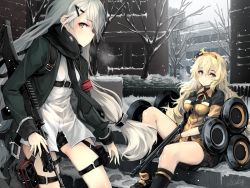 Rule 34 | 2girls, ammunition box, aqua eyes, bare tree, belt, belt pouch, between breasts, bike shorts, black footwear, black jacket, black neckwear, black shorts, black skirt, black socks, blonde hair, bow, bowtie, breasts, breath, building, bush, city, cityscape, closed mouth, collared shirt, commentary request, cowboy shot, day, dress, expressionless, fabarm sat-8, girls&#039; frontline, gloves, grey sky, gun, h&amp;k mg4, hair between eyes, hairband, holding, holding gun, holding weapon, jacket, knee up, kneehighs, large breasts, leg belt, light machine gun, long hair, long sleeves, looking at viewer, low twintails, machine gun, messy hair, mg4 (girls&#039; frontline), miniskirt, multiple girls, neck ribbon, necktie, open clothes, open jacket, orange gloves, orange shirt, outdoors, pouch, profile, railing, ribbon, s.a.t.8 (girls&#039; frontline), s.a.t.8 (gun), scenery, semi-automatic firearm, semi-automatic shotgun, shield module, shirt, shoes, short shorts, shorts, shorts under skirt, shotgun, sidelocks, signature, silver hair, sitting, skirt, sky, sleeves rolled up, small breasts, snow, snowing, socks, spread legs, stairs, standing, strap, striped bow, striped bowtie, striped clothes, striped neckwear, thighs, tree, twintails, usuki (graygreed), very long hair, weapon, white shirt, window, winter, yellow eyes