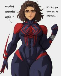 Rule 34 | 1girl, animal print, black eyes, blue bodysuit, bodysuit, breasts, brown hair, claws, commentary, dark-skinned female, dark skin, english commentary, english text, genderswap, genderswap (mtf), highres, large breasts, long hair, marvel, miguel o&#039;hara, muscular, muscular female, print bodysuit, red bodysuit, short hair, skin tight, solo, spanish text, spider-man: across the spider-verse, spider-man (2099), spider-man (series), spider-verse, spider print, thick thighs, thighs, toned, two-tone bodysuit, white background, yoracrab