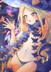 Rule 34 | 1girl, abigail williams (fate), abigail williams (second ascension) (fate), arm behind head, arm up, armpits, bare shoulders, black bow, black headwear, black panties, blonde hair, bow, breasts, bug, butterfly, fate/grand order, fate (series), forehead, hat, highres, insect, keyhole, long hair, minertime, multiple bows, navel, open mouth, orange bow, panties, parted bangs, red eyes, small breasts, tentacles, thighs, third eye, underwear, witch hat