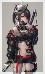 Rule 34 | 1girl, bad id, bad pixiv id, bandages, bandaid, black eyes, black hair, black jacket, black shorts, blood, blue blood moon, blunt bangs, border, bra, breasts, cellphone, cleavage, commentary request, cowboy shot, cracked phone, cuts, ear piercing, fake nails, goggles, goggles around neck, hair between eyes, hair ornament, hand up, highres, holding, holding phone, holster, injury, jacket, jewelry, looking at viewer, mask, mask pull, mouth mask, navel, nike (company), off-shoulder jacket, off shoulder, open fly, original, outside border, parted lips, phone, piercing, ponytail, scabbard, sheath, sheathed, shorts, sidelocks, simple background, skull mask, solo, standing, stitches, strap, tattoo, thigh holster, thighs, underwear, weapon, weapon on back, white border