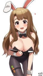 Rule 34 | 1girl, animal ears, artist name, black bow, black bowtie, black leotard, black pantyhose, blurry, book, bow, bowtie, breasts, brown eyes, brown hair, carrot, cleavage, cowboy shot, dated, depth of field, detached collar, fake animal ears, highres, idolmaster, idolmaster million live!, large breasts, leaning forward, leotard, long hair, miyao miya, myeolchi, name tag, open mouth, pantyhose, playboy bunny, rabbit ears, rabbit tail, round teeth, solo, strapless, strapless leotard, tail, teeth, upper teeth only, wrist cuffs