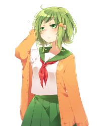 Rule 34 | 1girl, ahoge, alternate costume, arm at side, asagao minoru, blouse, blush, cardigan, carrot hair ornament, closed mouth, colored eyelashes, cowboy shot, eyebrows, eyelashes, food-themed hair ornament, green eyes, green hair, green skirt, gumi, hair ornament, hairclip, hand on own head, hand up, highres, kerchief, long sleeves, matching hair/eyes, messy hair, off shoulder, open cardigan, open clothes, pleated skirt, school uniform, serafuku, shade, shirt, short hair, short hair with long locks, simple background, skirt, solo, vocaloid, wavy mouth, white background, white shirt