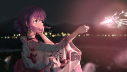 Rule 34 | 1girl, absurdres, animal print, blue eyes, bow, commentary request, fate/stay night, fate (series), fireworks, fish print, from side, hair bun, hand on own cheek, hand on own face, hands up, heaven&#039;s feel, highres, japanese clothes, kimono, large bow, lens flare, long sleeves, matou sakura, night, print kimono, purple bow, purple hair, see-through silhouette, single hair bun, solo, sparkler, tooku0, upper body, white kimono, wide sleeves