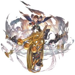 Rule 34 | 1boy, black cat, blue eyes, brown footwear, brown hair, brown pants, cat, cloud, granblue fantasy, grey eyes, harvin, instrument, jewelry, judgement (granblue fantasy), katzelia, looking at viewer, music, official art, pants, pendant, playing instrument, robe, smile, transparent background, trumpet, white cat, yellow eyes