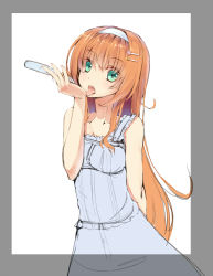 Rule 34 | 1girl, arm behind back, border, collarbone, copyright request, dress, hair ornament, hairclip, holding, licking, long hair, looking at viewer, orange hair, popsicle, sketch, solo, tongue, uttt