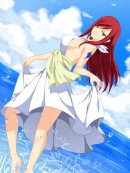 Rule 34 | 1girl, absurdres, arm tattoo, armpits, arms at sides, backless dress, backless outfit, barefoot, beach, breasts, brown eyes, clenched hands, clothes lift, collarbone, colorized, curvy, day, dress, dress lift, erza scarlet, eyelashes, fairy tail, feet up, female focus, fingernails, from side, hair between eyes, half-closed eyes, highres, holding, holding clothes, holding dress, large breasts, legs, light rays, long hair, looking at viewer, mashima hiro, neck, no bra, ocean, outdoors, planeptune, recolor, red hair, seductive smile, sexually suggestive, shiny skin, side bangs, sideboob, sidelocks, sky, smile, soles, splashing, standing, straight hair, summer, sundress, sunlight, tattoo, thighs, third-party edit, toenails, toes, turning head, water, water drop, white dress