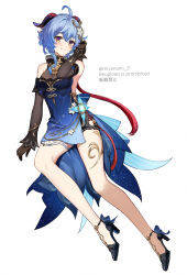 Rule 34 | 1girl, absurdres, ahoge, bare shoulders, black shorts, blue dress, blue hair, breasts, brown sleeves, cape, china dress, chinese clothes, dress, ganyu (genshin impact), ganyu (twilight blossom) (genshin impact), genshin impact, gloves, goat horns, hair ornament, high heels, highres, horns, long hair, medium breasts, miyanami 3, official alternate costume, shorts, smile, solo, white background