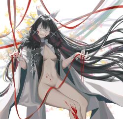 Rule 34 | 1girl, bandaged arm, bandages, black hair, blood, blood on face, blood on hands, breasts, closed eyes, coat, coat on shoulders, columbina (genshin impact), eye mask, facing viewer, fur-trimmed coat, fur trim, genshin impact, grey coat, hair ornament, highres, invisible chair, long hair, medium breasts, megumui 9, multicolored hair, nude, red hair, red ribbon, ribbon, simple background, sitting, solo, very long hair, white mask, wing hair ornament, x hair ornament
