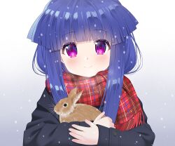 Rule 34 | 1girl, animal, black jacket, blue hair, chinese zodiac, closed mouth, commentary request, enpera, fringe trim, furude rika, gaou (babel), gradient background, grey background, higurashi no naku koro ni, jacket, long hair, long sleeves, looking at viewer, plaid, plaid scarf, purple eyes, rabbit, red scarf, scarf, sleeves past wrists, smile, snowing, solo, upper body, white background, year of the rabbit