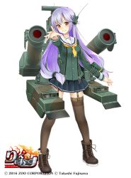 Rule 34 | 1girl, black skirt, boots, brown eyes, brown footwear, brown thighhighs, copyright name, cross-laced footwear, full body, garter belt, hair ornament, long hair, low-tied long hair, military, military vehicle, motor vehicle, official art, outstretched hand, personification, purple hair, radiosity (yousei), rick g earth, school uniform, serafuku, skirt, smile, solo, standing, tank, thighhighs, two side up, watermark