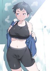 Rule 34 | 1girl, bike shorts, black hair, breasts, covered erect nipples, gluteal fold, inu (aerodog), large breasts, looking away, midriff, navel, original, partially undressed, puffy nipples, purple eyes, short hair, solo, sports bra, sweat, thighs