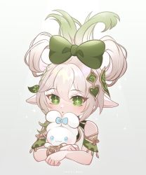 Rule 34 | 1girl, alternate hairstyle, blush, borrowed hairstyle, bow, bracelet, child, cinnamiku hairstyle, cinnamoroll, commentary, creature, detached sleeves, ear bow, english commentary, genshin impact, gradient hair, green bow, green eyes, green hair, hair bow, hair ornament, hair rings, holding, holding creature, jewelry, leaf hair ornament, long hair, multicolored hair, nahida (genshin impact), open mouth, pointy ears, sanrio, solo, sparkling eyes, updo, white hair, yani (takoyanii)