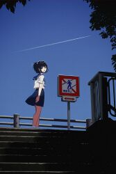 Rule 34 | 1girl, amemori sayo, aqua neckerchief, arms at sides, black eyes, black hair, blue sailor collar, blue skirt, blue sky, branch, commentary, contrail, day, film grain, from side, hair bobbles, hair ornament, highres, looking at viewer, looking to the side, neckerchief, nijisanji, nkymyura, one side up, open mouth, outdoors, pleated skirt, railing, road sign, sailor collar, shirt, short hair, short sleeves, sign, skirt, sky, smile, solo, stairs, summer uniform, translation request, virtual youtuber, white shirt, wide shot