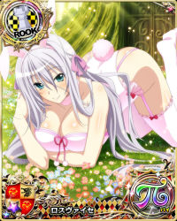 Rule 34 | 1girl, all fours, animal ears, antenna hair, aqua eyes, bare shoulders, bow, breasts, rabbit ears, rabbit tail, card (medium), character name, chess piece, cleavage, closed mouth, fake animal ears, fake tail, fur collar, garter straps, hair ribbon, high school dxd, high school dxd pi, large breasts, long hair, looking at viewer, no shoes, official art, pink bow, playboy bunny, ribbon, rook (chess), rossweisse, silver hair, smile, solo, tail, thighhighs, trading card, very long hair