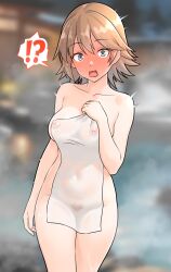 Rule 34 | !?, 1girl, blurry, blurry background, blush, breasts, brown hair, collarbone, covered erect nipples, covered navel, covering privates, female pubic hair, flipped hair, full-face blush, furaggu (frag 0416), grey hair, hiei (kancolle), highres, kantai collection, large breasts, naked towel, nude cover, onsen, pubic hair, see-through, short hair, solo, speech bubble, spoken interrobang, standing, surprised, towel, white towel