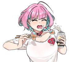 Rule 34 | 1girl, beer can, breasts, can, chopsticks, closed eyes, collar, drink can, dumpling, earrings, fang, food, food request, highres, idolmaster, idolmaster cinderella girls, jewelry, jiaozi, locket, medium breasts, pendant, pill earrings, pink hair, red collar, shirt, soda can, solo, sushi, tongue, tongue out, upper body, ushimochi, white background, white shirt, x x, yumemi riamu