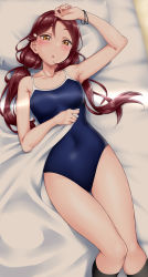 Rule 34 | 1girl, :o, alternate hairstyle, arm up, bad id, bad twitter id, bang (gesture), bare arms, bed, black socks, blanket, blue one-piece swimsuit, breasts, collarbone, competition school swimsuit, finger gun, from behind, hair ornament, hairclip, highres, indoors, kneehighs, long hair, love live!, love live! sunshine!!, on bed, one-piece swimsuit, open mouth, pillow, sakurauchi riko, school swimsuit, small breasts, socks, solo, swimsuit, twintails, wristband, yopparai oni