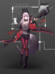 Rule 34 | 1girl, absurdres, animal ears, arknights, axe, beanie, belt, black skirt, boots, breasts, closed mouth, coat, commentary request, cysx shi, detached collar, ears through headwear, fingerless gloves, fox ears, fox girl, fox tail, frostleaf (arknights), gloves, grey background, grey shirt, hand up, hat, head tilt, headphones, highres, holding, holding axe, holding polearm, holding weapon, long hair, long sleeves, looking at viewer, miniskirt, nail polish, off-shoulder shirt, off shoulder, oversized clothes, pantyhose, polearm, red coat, red eyes, red nails, red pantyhose, rhodes island logo (arknights), shadow, shirt, sidelocks, skirt, solo, tail, weapon, white hair, wind, wind lift