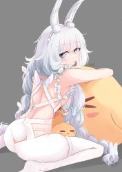 Rule 34 | 1girl, :p, absurdres, ahoge, animal ear fluff, animal ears, ass, azur lane, bird, blue eyes, braid, breasts, chick, fake animal ears, from behind, grey background, highres, le malin (azur lane), le malin (listless lapin) (azur lane), leotard, long hair, looking at viewer, looking back, manjuu (azur lane), no shoes, official alternate costume, pantyhose, playboy bunny, rabbit ears, rabbit tail, sideboob, silver hair, simple background, sitting, small breasts, tail, thighs, tongue, tongue out, twin braids, twintails, uve, very long hair, white leotard, white pantyhose