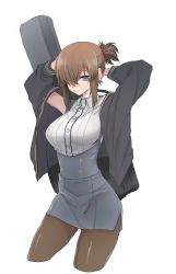 Rule 34 | 1girl, absurdres, arms behind head, arms up, black jacket, black pantyhose, blue eyes, blue skirt, breasts, carrying, closed mouth, collared shirt, cowboy shot, cropped legs, gomio (bb-k), guitar case, hair over one eye, hair tie, high-waist skirt, highres, instrument case, jacket, large breasts, long sleeves, looking at viewer, miniskirt, off shoulder, original, pantyhose, shirt, short hair, short ponytail, side slit, sidelocks, simple background, skirt, sleeveless, sleeveless shirt, smile, solo, standing, suspender skirt, suspenders, track jacket, white background, white shirt