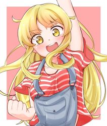 Rule 34 | 1girl, :d, absurdres, arm up, bang dream!, blonde hair, blush, breasts, clenched hand, denim, highres, long hair, looking at viewer, medium breasts, open mouth, overalls, red shirt, round teeth, rustysalmon, shirt, short sleeves, sidelocks, smile, solo, striped clothes, striped shirt, suspenders, t-shirt, teeth, tsurumaki kokoro, upper body, yellow eyes