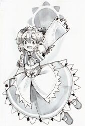 Rule 34 | 1girl, absurdres, arm up, dungeon toaster, fang, full body, greyscale, hair between eyes, highres, inktober, long sleeves, looking at viewer, mary janes, medium hair, monochrome, open mouth, shirt, shoes, simple background, skirt, sleeves past wrists, solo, sunny milk, touhou, traditional media, white background