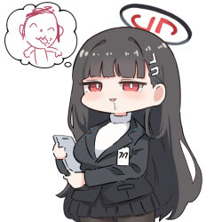 1girl black_hair black_halo black_jacket black_pantyhose black_skirt blue_archive blush breasts chibi commentary_request doodle_sensei_(blue_archive) drooling hair_ornament hairpin halo holding holding_tablet_pc id_card imagining jacket junmin large_breasts long_hair long_sleeves looking_at_viewer miniskirt open_mouth panties pantyhose pleated_skirt red_eyes ribbed_sweater rio_(blue_archive) sensei_(blue_archive) skirt speech_bubble spoken_character suit_jacket sweater tablet_pc thought_bubble turtleneck turtleneck_sweater underwear very_long_hair white_sweater